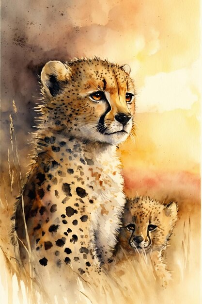 Une aquarelle représentant un guépard et son petit