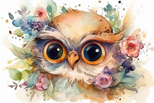 Une aquarelle représentant un hibou aux grands yeux.