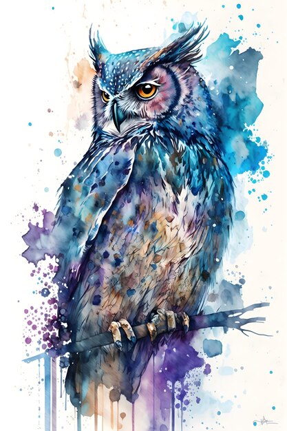 Une aquarelle représentant un hibou aux yeux bleus et aux yeux violets.