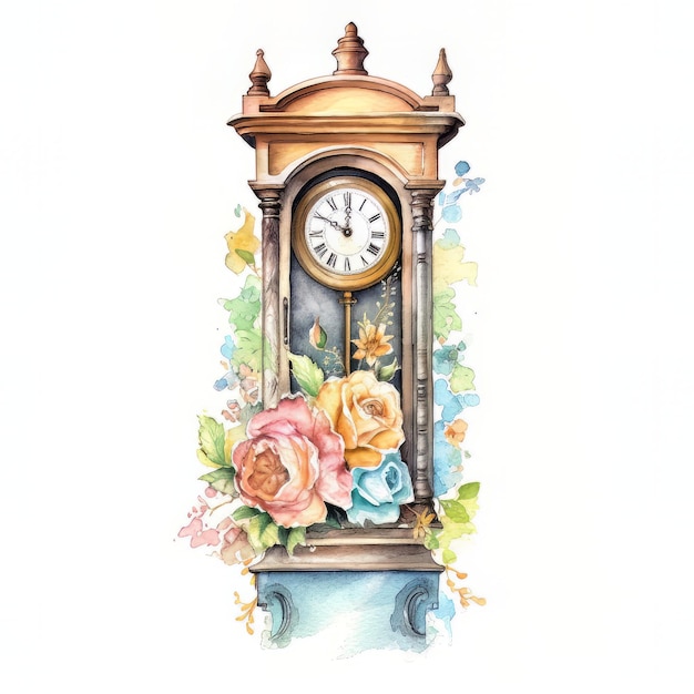 Une aquarelle représentant une horloge indiquant 12h30.