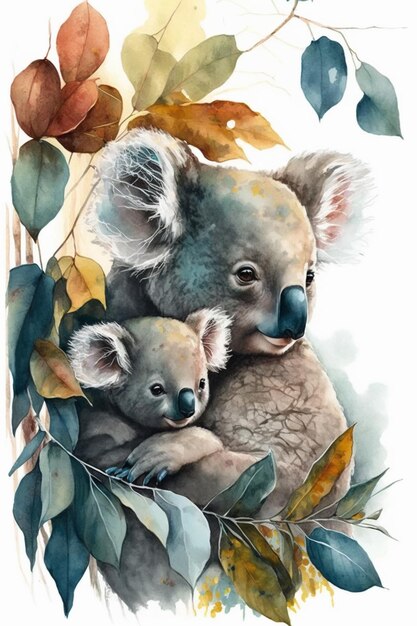 Une aquarelle représentant un koala et son bébé.