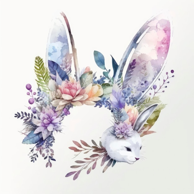 Une aquarelle représentant un lapin et des fleurs.