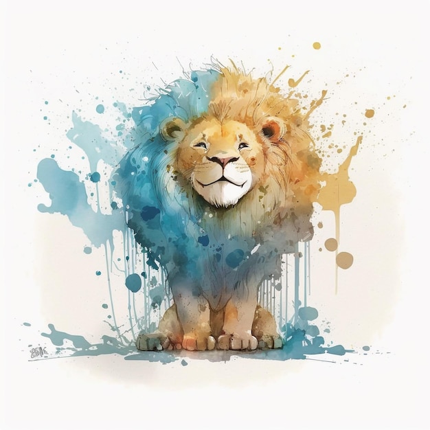 Une aquarelle représentant un lion à la crinière bleue.