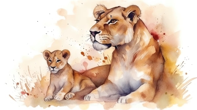 Une aquarelle représentant une lionne et son petit.