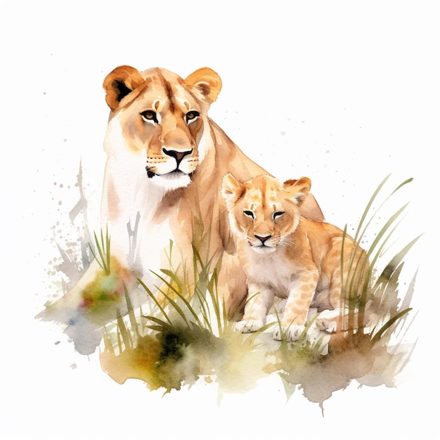 Une aquarelle représentant une lionne et son petit