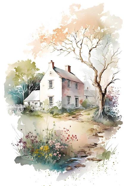 Une aquarelle représentant une maison à la campagne