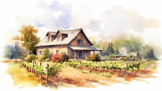 Une aquarelle représentant une maison dans le vignoble.