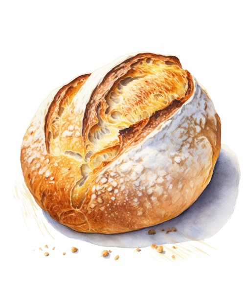 Une aquarelle représentant une miche de pain et des tranches de pain