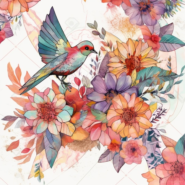 Une aquarelle représentant un oiseau et des fleurs.