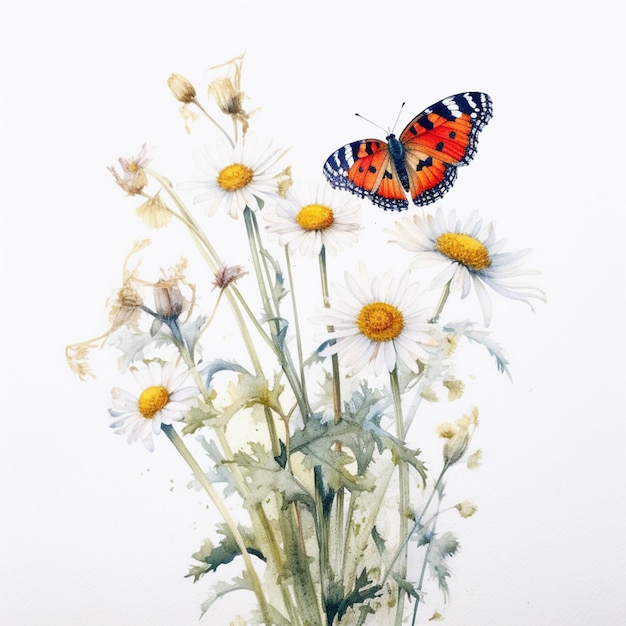 Une aquarelle représentant un papillon et des marguerites.