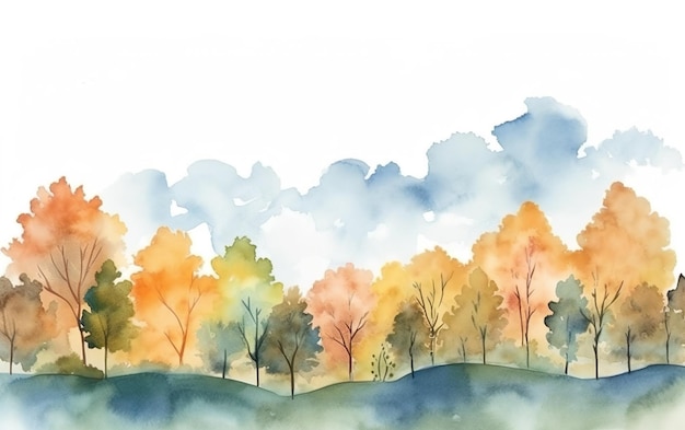 Une aquarelle représentant un paysage avec des arbres et un ciel avec des nuages.