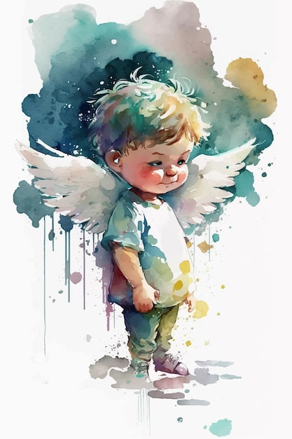 Une aquarelle représentant un petit ange aux ailes blanches.