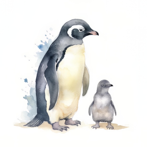 Une aquarelle représentant un pingouin et un bébé.