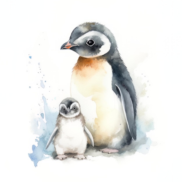 Une aquarelle représentant un pingouin et son bébé.