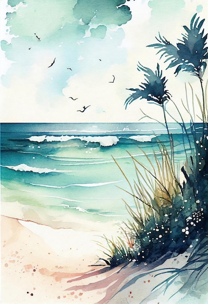 Une aquarelle représentant une plage avec une plage et des palmiers.