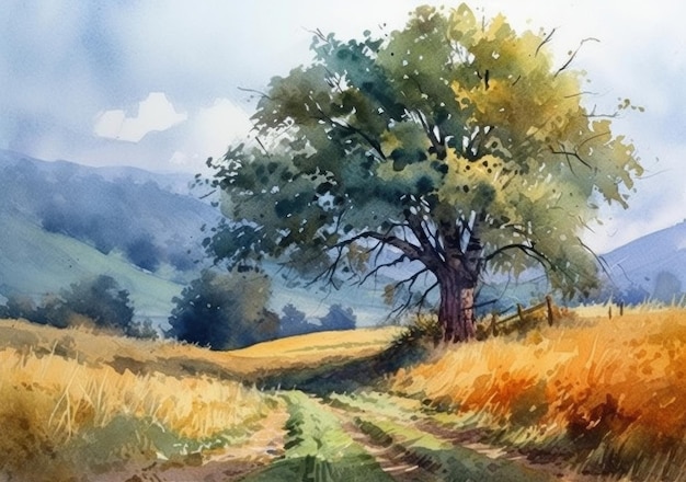 Une aquarelle représentant une route de campagne avec un arbre au premier plan.
