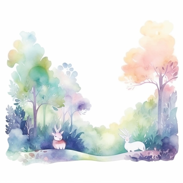 Une aquarelle représentant une scène de forêt avec deux lapins.