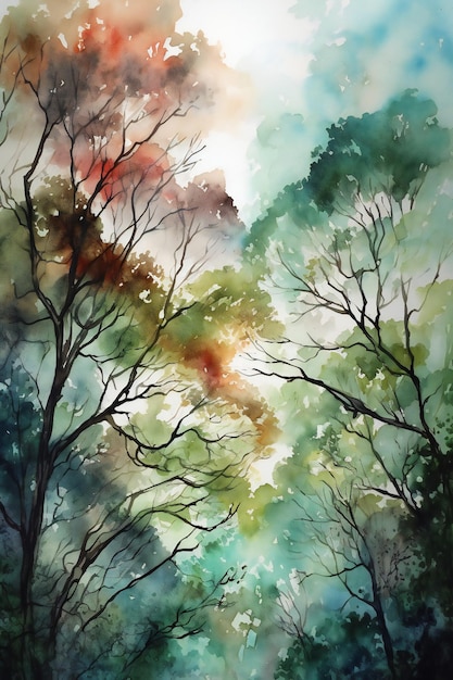 Une aquarelle représentant une scène de forêt.