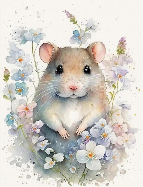 Une aquarelle représentant une souris dans un champ de fleurs.