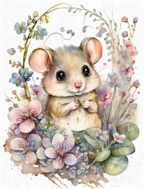 Une aquarelle représentant une souris entourée de fleurs.