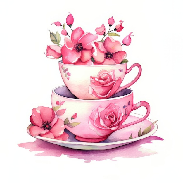 Une aquarelle représentant une tasse et une soucoupe avec des roses roses dessus.