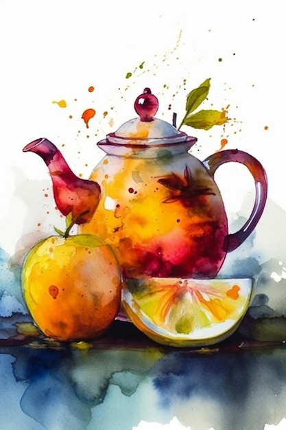 Une aquarelle représentant une théière et un citron.