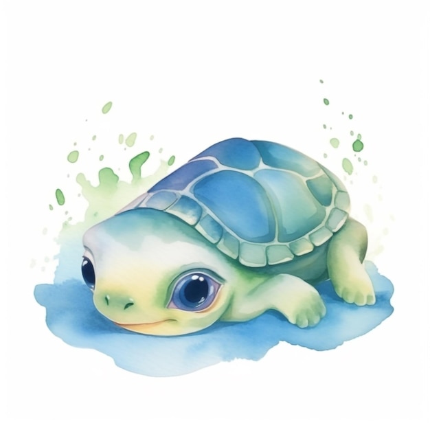 Une aquarelle représentant une tortue aux yeux bleus et une tortue verte en bas.