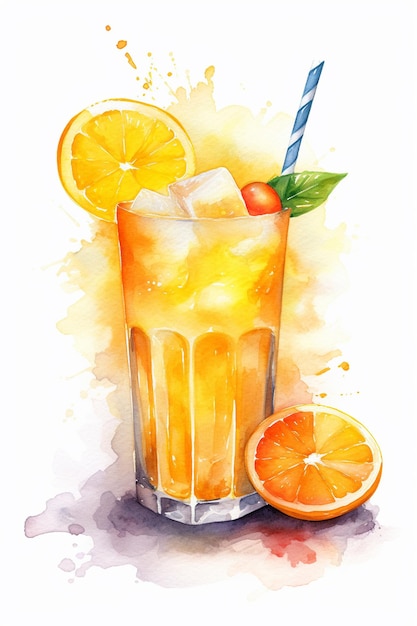 Une aquarelle représentant un verre de jus d'orange avec une paille bleue et une paille bleue.