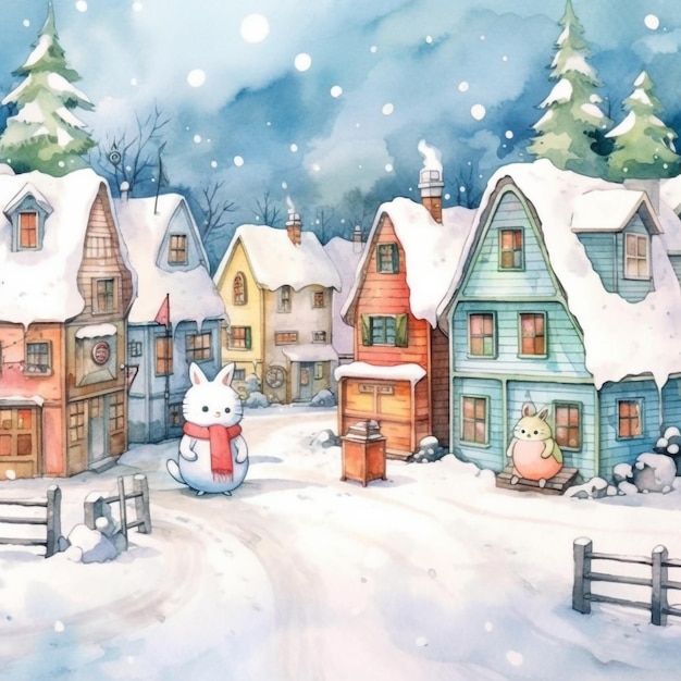 Une aquarelle représentant un village enneigé avec un lapin et un bonhomme de neige.