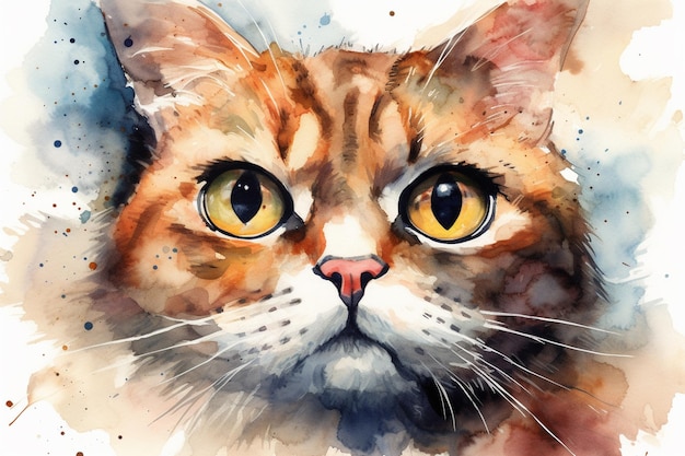 Une aquarelle représentant le visage d'un chat.