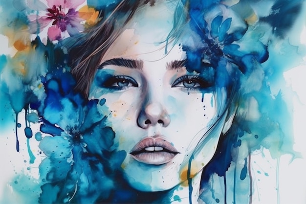 Une aquarelle représentant le visage d'une femme avec des fleurs dessus.