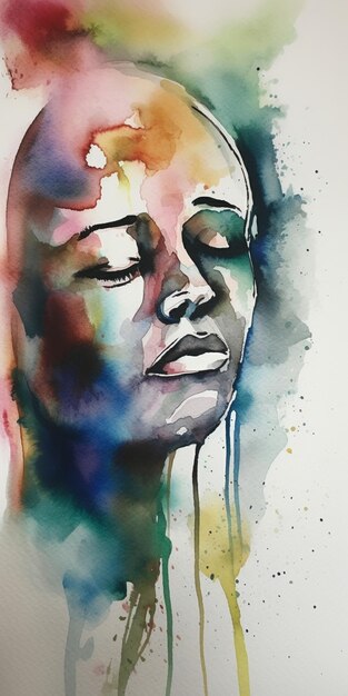 Une aquarelle représentant le visage d'une femme