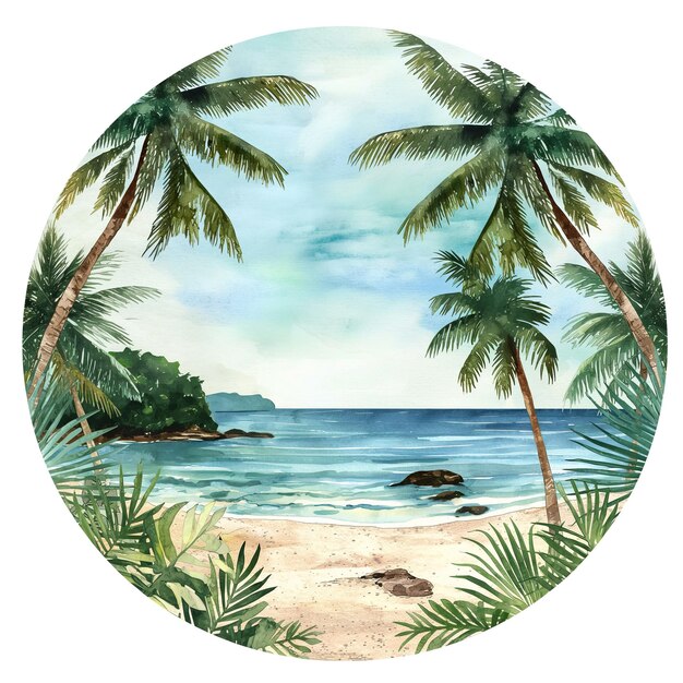 Photo aquarelle ronde illustration tropicale plage palmiers de mer voyage