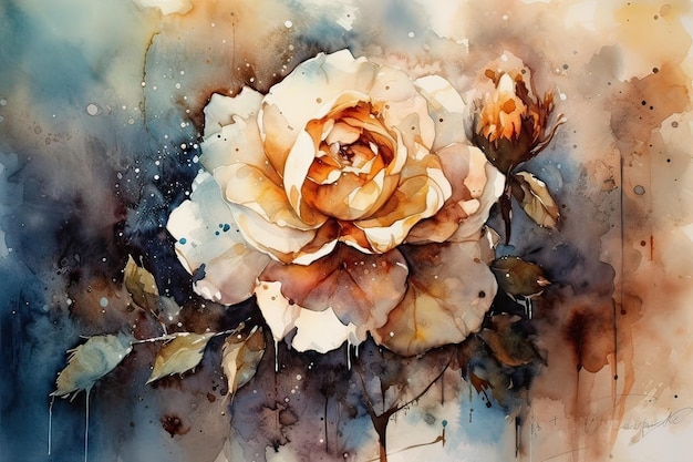 Une aquarelle d'une rose blanche avec des feuilles et le mot amour dessus.