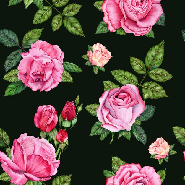 Aquarelle Rose illustration florale fleurs à motif sans couture avec des feuilles vertes sur un fond sombre