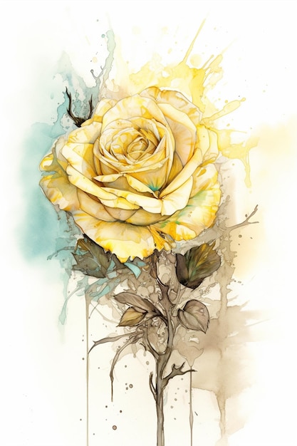 Une aquarelle d'une rose jaune avec le mot amour dessus.