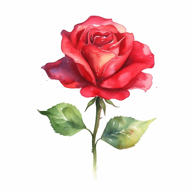 Une aquarelle d'une rose rouge avec une tige verte.