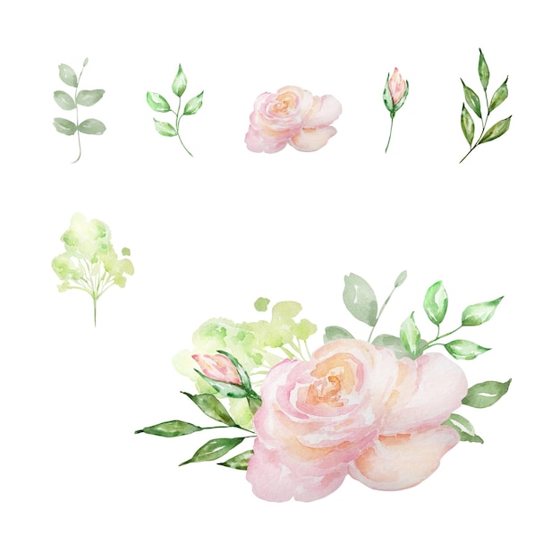 Aquarelle roses esthétiques bouquet de fleurs et de feuilles élégantes