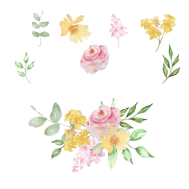 Aquarelle roses esthétiques bouquet de fleurs et de feuilles élégantes