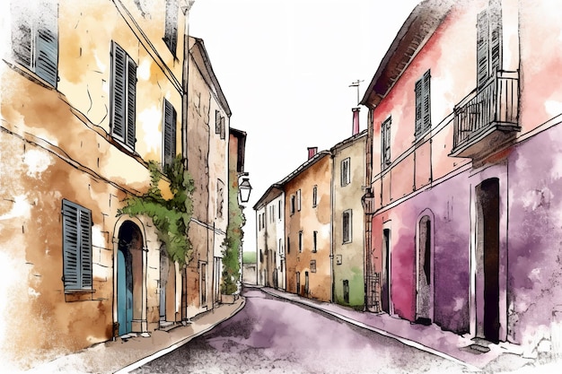 Une aquarelle d'une rue d'une petite ville d'italie