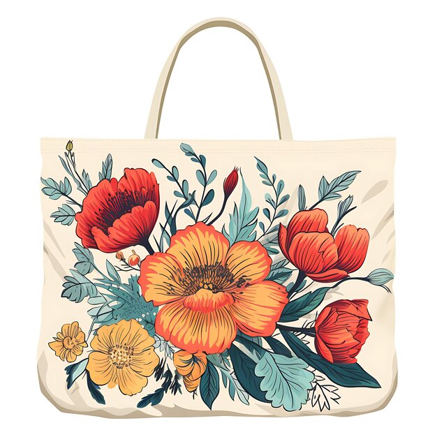 Aquarelle d'un sac à tote en tissu cousu à la main avec un dessin floral rectangulaire de T-shirt Clipart