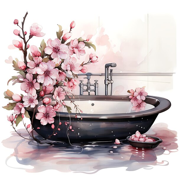 Aquarelle de la salle de bain avec des fleurs de cerisier, des roses douces et de l'encre d'autocollant Delica Art Tshrit