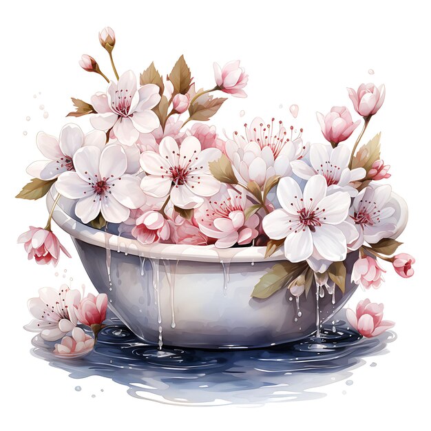 Aquarelle de la salle de bain avec des fleurs de cerisier, des roses douces et de l'encre d'autocollant Delica Art Tshrit