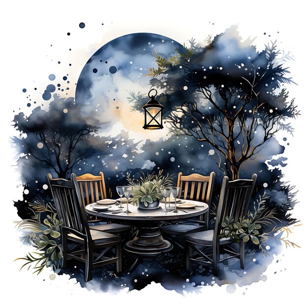 Aquarelle de la salle à manger avec ciel étoilé de nuit indigo profond et minuit B Art Tshrit encre d'autocollant