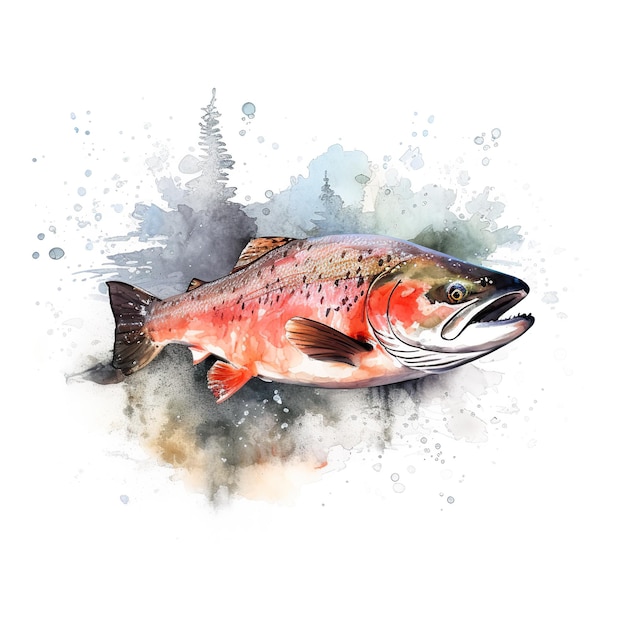 Une aquarelle d'un saumon sur une image ai générative de fond blanc