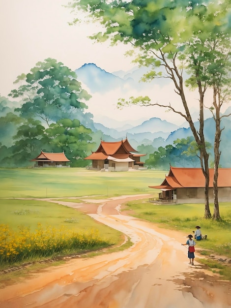 Cette aquarelle sereine de la campagne thaïlandaise plonge les spectateurs dans un paysage tranquille avec des champs verts luxuriants ai génératif