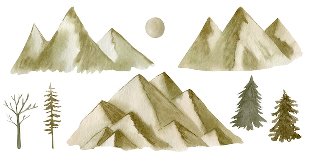 Aquarelle set illustration de la lune des montagnes