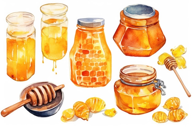 Aquarelle Set de miel avec maison de nid d'abeille et seau isolé