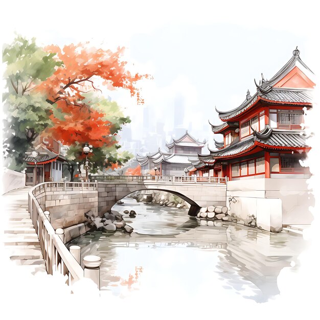 Photo aquarelle siheyuan chine murs rouges cours trad préféré sur fond blanc maison esthétique