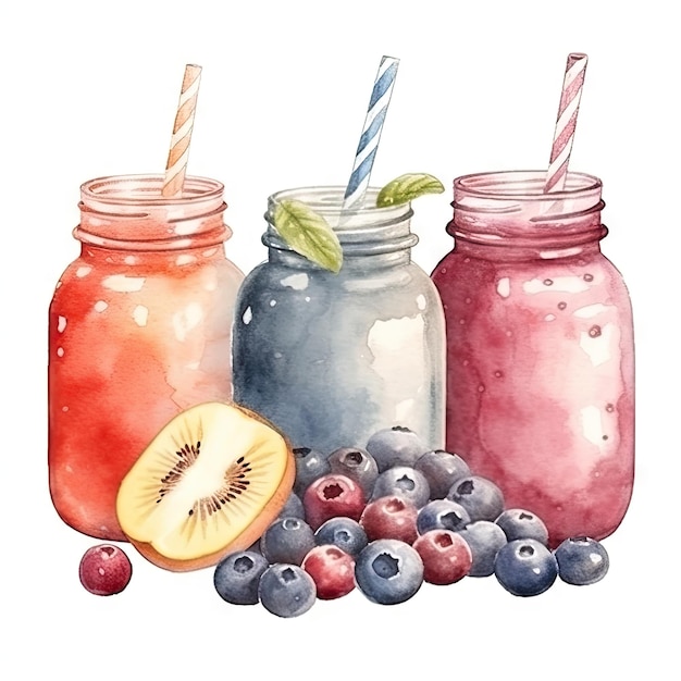 Aquarelle d'un smoothie aux fruits d'été